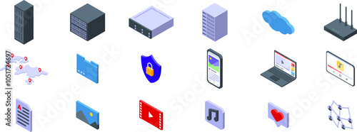 CDN icons set. Isometric icons representing data storage, cloud computing, network connectivity, and multimedia content