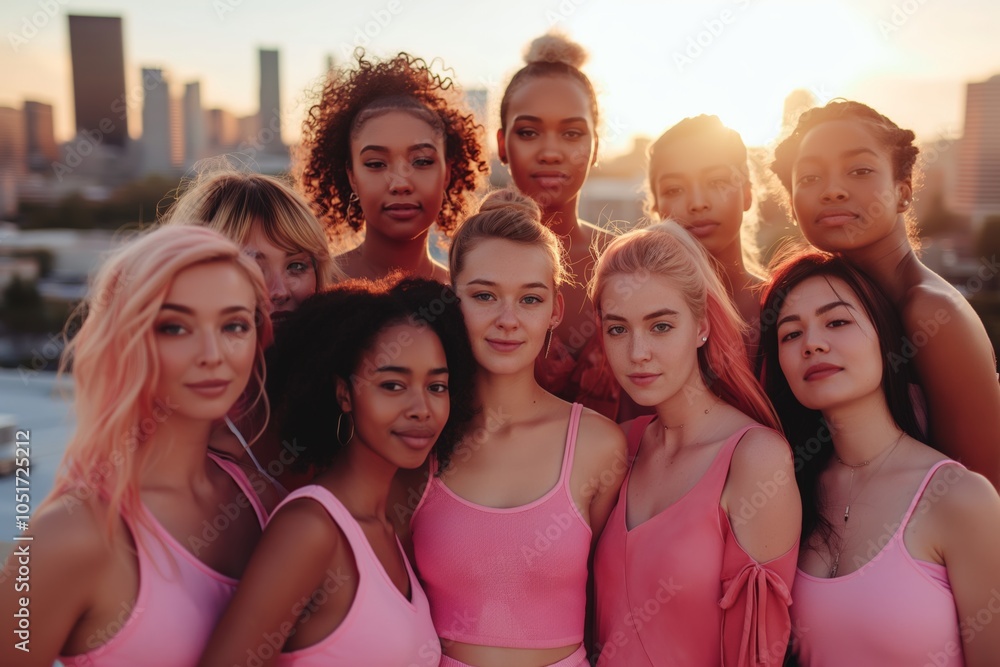 Fototapeta premium A diverse group of young women wearing pink tops, standing together in a cityscape at sunset. The golden light creates a warm, unified atmosphere as they show solidarity and strength.