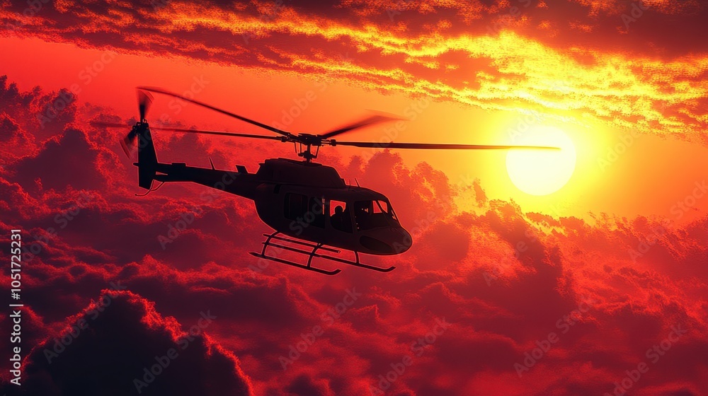 Helicopter in flight with vibrant sunset in the background. Helicopter in flight with vibrant sunset in the background.