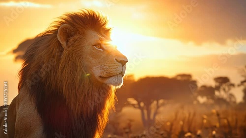 A majestic lion with a thick mane stands in a golden field at sunset, looking into the distance.