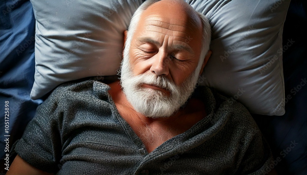 Obraz premium Bald old man with gray beard sleeping in his bed