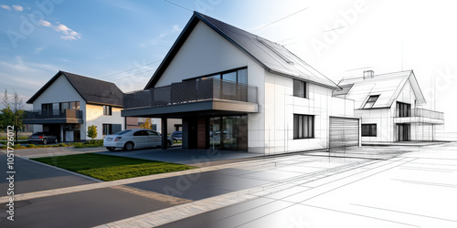 Rendu 3D de l'architecture d'une maison avec superposition d'un croquis et photo