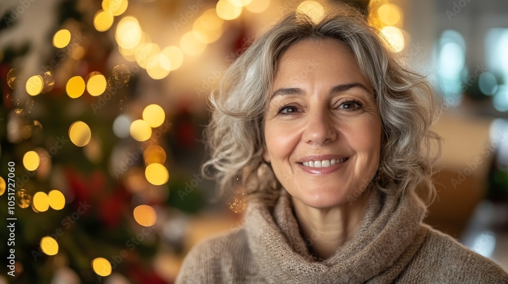 Serene Middle-Aged Croatian Woman Embracing Joyful Christmas Atmosphere With Cozy Holiday Decor and Lighting Serene Middle-Aged Croatian Woman Embracing Joyful Christmas Atmosphere With Cozy Holiday Decor and Lighting