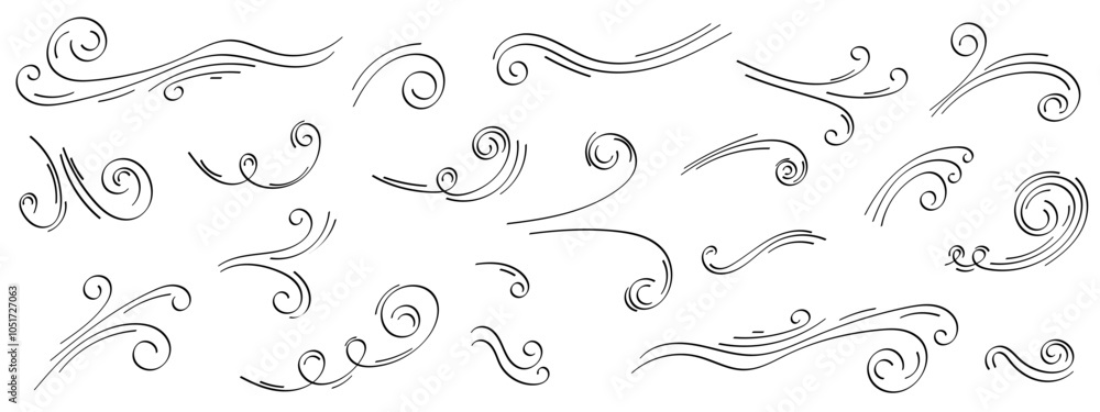 Set of simple black and white line art illustrations depicting various wind currents and swirls Set of simple black and white line art illustrations depicting various wind currents and swirls