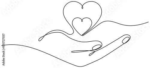 Hand holding two hearts continuous line drawing. Family linear symbol. Motherhood sign. Vector illustration isolated on white.