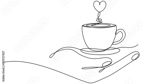 Coffee cup with heart shape continuous line drawn. Vector illustration isolated on white.