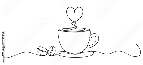 Coffee cup with heart shape continuous line drawn. Coffee beans linear symbol. Vector illustration isolated on white.