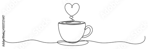 Coffee cup with heart shape continuous line drawn. Vector illustration isolated on white.