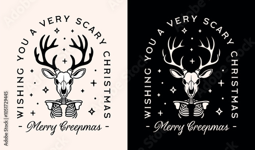 Creepy Christmas reindeer deer skeleton bust funny holiday card merry creepmas shirt design. Spooky scary woodland forest animal dark retro vintage black and white aesthetic illustration cut file.