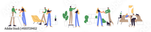 Relocation set. People move from rental apartment into new house. Happy family packing stuff into removal boxes. Couple leaving home, dwelling. Flat isolated vector illustrations on white background