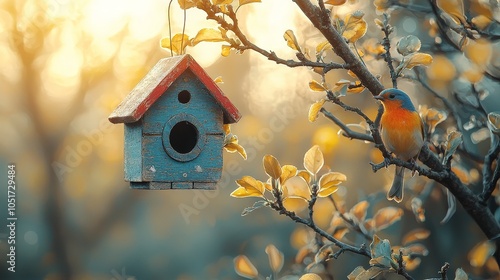 A colorful birdhouse hangs on a branch with a bird perched nearby, surrounded by autumn leaves.