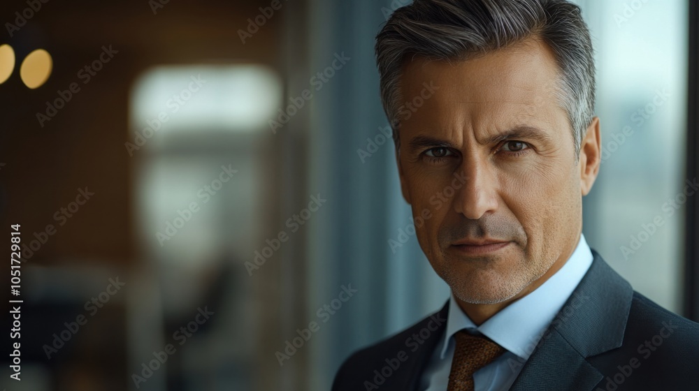 Naklejka premium European CEO headshot at an office, confident and focused expression, wearing formal attire