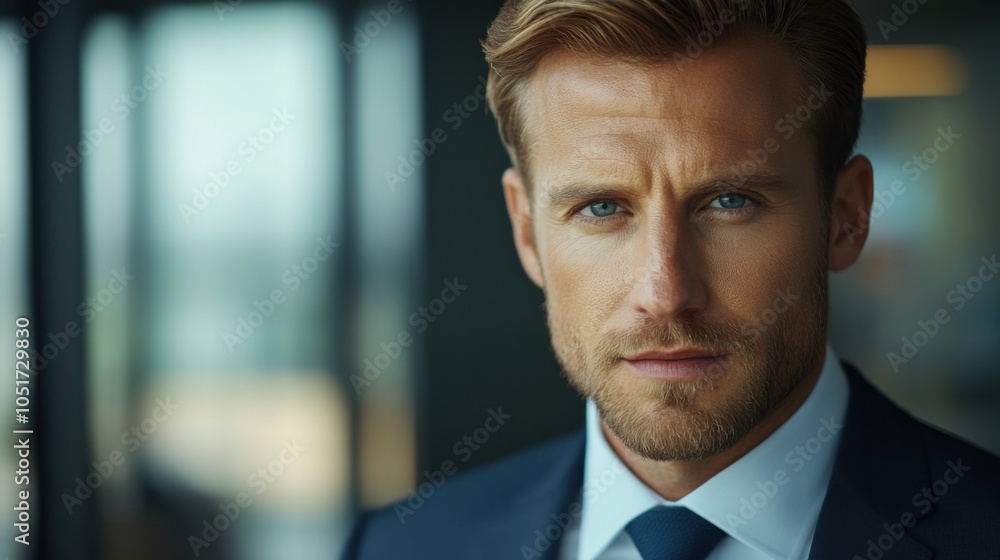 Naklejka premium European CEO headshot at an office, confident and focused expression, wearing formal attire