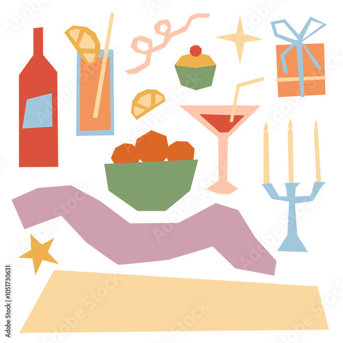 Party dinner vector set in modern cutout style. Simple flat geometric drinks, bottle, cocktail, fruit, gift box, candle illustrations isolated on white background for Birthday and Christmas designs