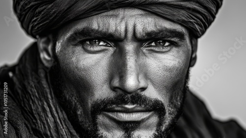 The Intensity of the Gaze: Hyperrealistic Close-up Portrait of a Tuareg .Concept of traditional culture, nomadic lifestyle, desert aesthetics, portraiture, black and white photography.