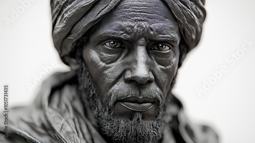 The Intensity of the Gaze: Hyperrealistic Close-up Portrait of a Tuareg .Concept of traditional culture, nomadic lifestyle, desert aesthetics, portraiture, black and white photography. photo