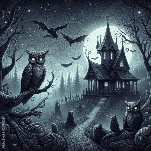 Onyx Orchard A dark enchanted forest where owls and bats gather photo