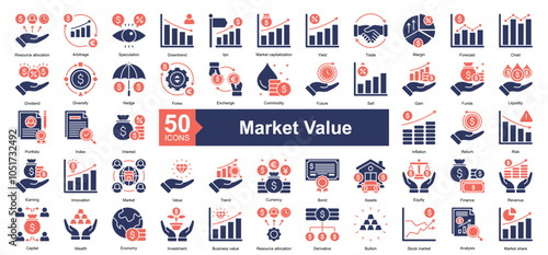 Market Value icon collection set. Containing Resource allocation, Arbitrage, Speculation, Downtrend, Ipo, Market capitalization, Yield, Trade, Margin icon. Simple dual tone illustration.