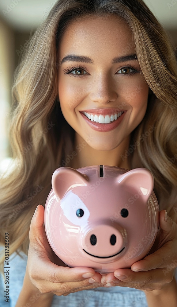 A cheerful woman proudly displays a pink piggy bank, embodying the spirit of saving money in her cozy living space A cheerful woman proudly displays a pink piggy bank, embodying the spirit of saving money in her cozy living space
