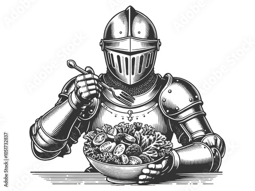 medieval knight eats a bowl of salad, mixing chivalry with modern dining sketch engraving generative ai vector illustration. Scratch board imitation. Black and white image.