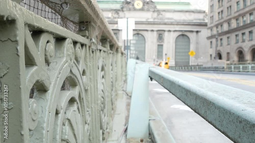 New York City Grand Central Terminal railway station building architecture, 42 street. Manhattan Midtown. Yellow taxi cab, car transport, Pershing Square bridge, NYC, USA. American urban road traffic.