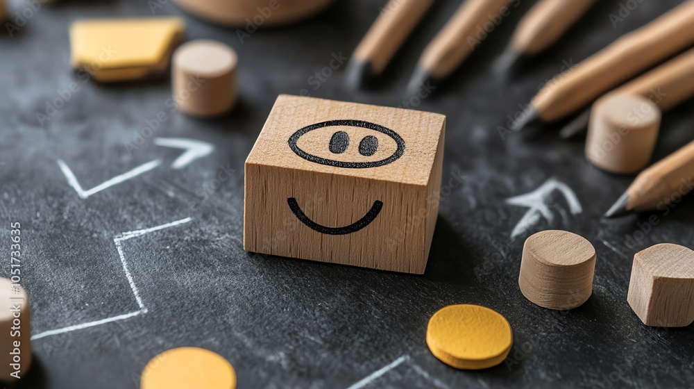 Wooden block with smiley face, yellow tokens, and pencils on a black chalkboard. Wooden block with smiley face, yellow tokens, and pencils on a black chalkboard.