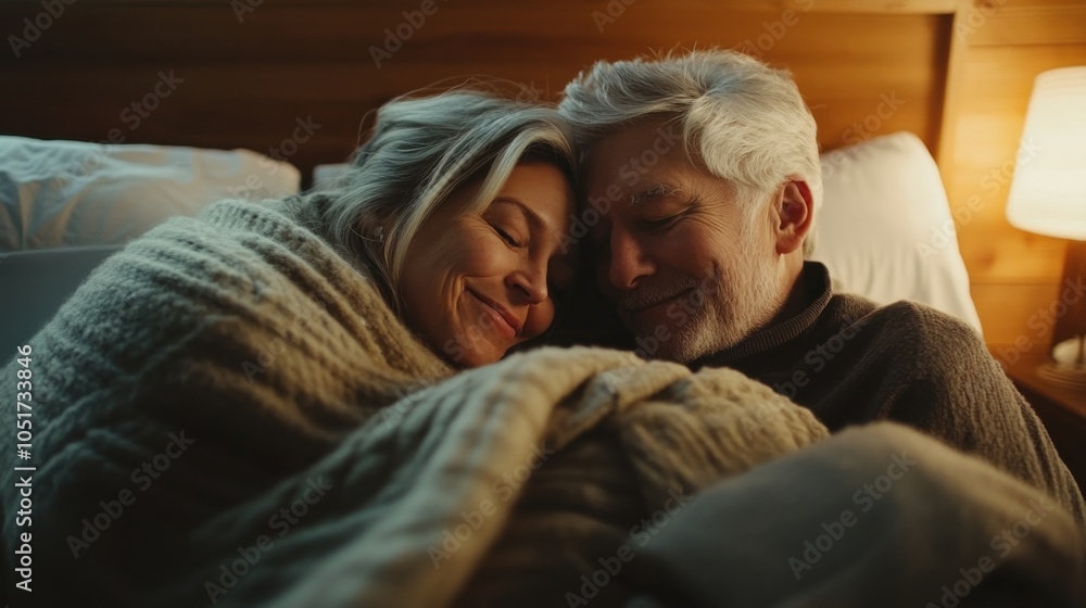 Happy senior partners cuddling in bed, wrapped in blankets, enjoying the morning Happy senior partners cuddling in bed, wrapped in blankets, enjoying the morning