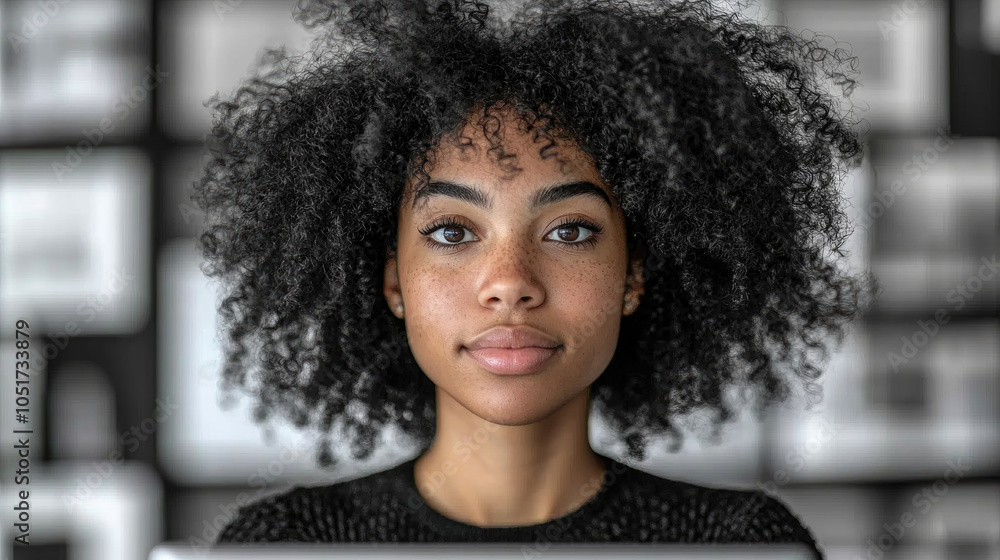 Fototapeta premium A confident young woman with curly hair gazes at the camera, set against a backdrop of creative design elements in a workspace