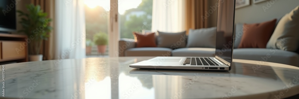 A modern laptop sits on a marble table in a cozy living room, softly illuminated by sunlight, perfect for remote work or creative brainstorming sessions. A modern laptop sits on a marble table in a cozy living room, softly illuminated by sunlight, perfect for remote work or creative brainstorming sessions.