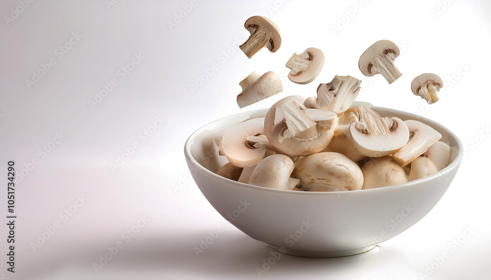 slices or chunks of mushrooms in a white bowl with chunks or slices floating or flying isolated white background slices or chunks of mushrooms in a white bowl with chunks or slices floating or flying isolated white background