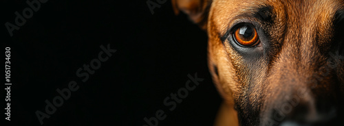 Belgian malinois dog showing face and intense orange eye on dark background with copy space
