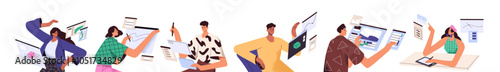 Digital artists concept set. UX UI, web designers work with tablets. Illustrators drawing with stylus. Creative people painting 3D on pad. Flat isolated vector illustrations on white background