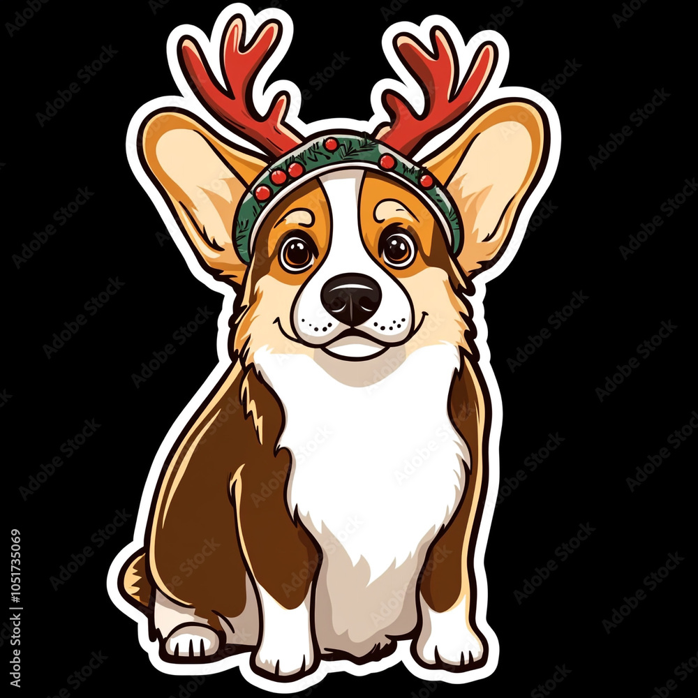 Fototapeta premium Cardigan Welsh Corgi Dog Wearing Reindeer Antlers for Christmas Celebration