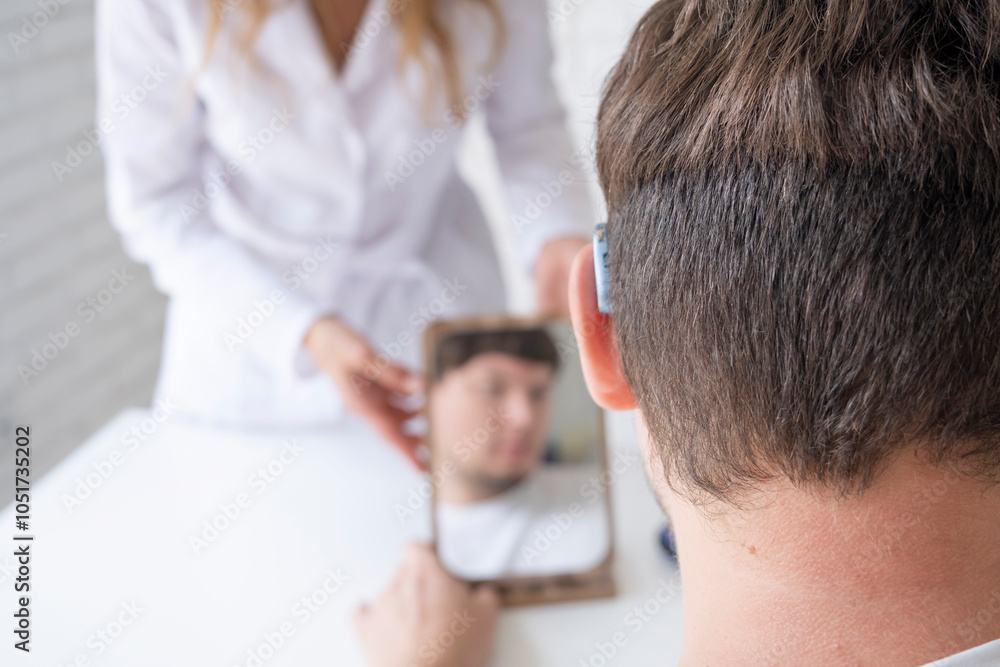 Fototapeta premium young male patient testing hearing aid in clinic exam room, female doctor helping