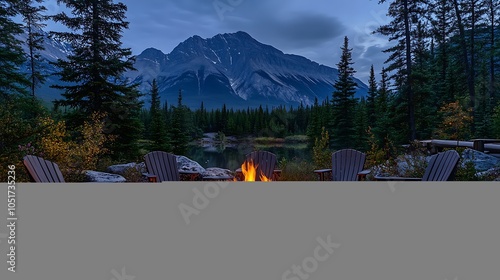 Firepit glowing in the middle of a campsite, surrounded by camping chairs, with a stunning mountain view, the flames providing warmth, photo