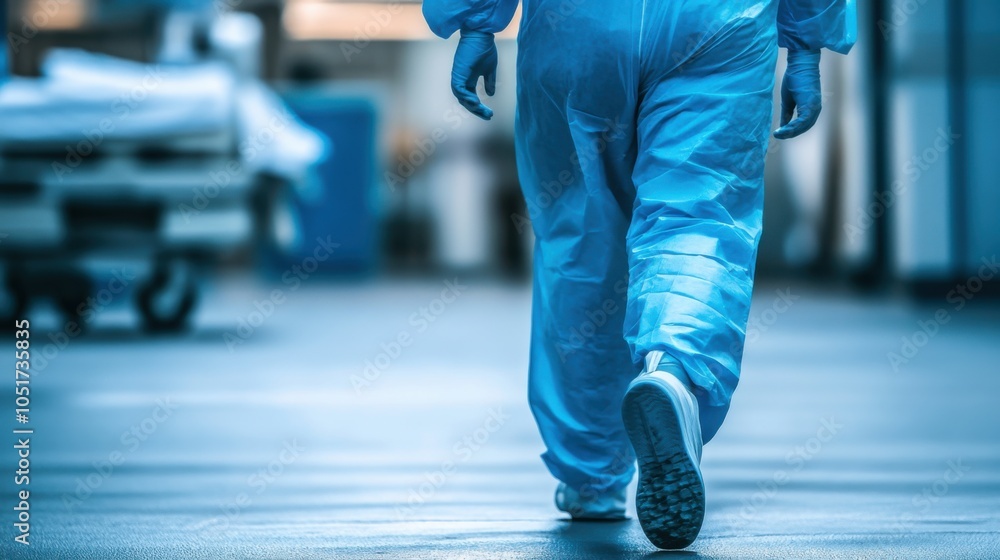 Obraz premium Impersonal healthcare worker walking away, wearing full protective overalls, hospital setting