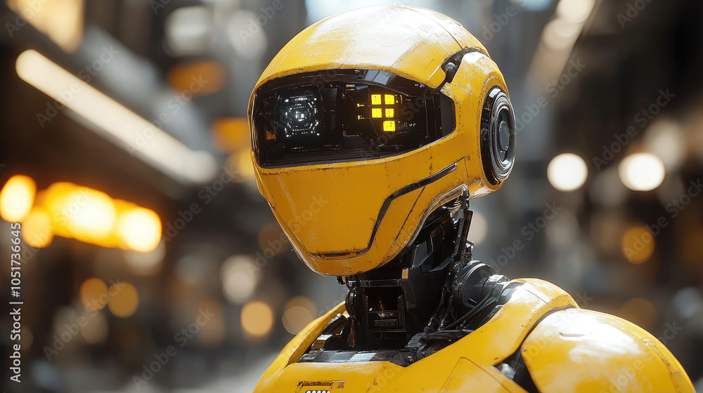 A bright yellow robot with a smooth helmet design appears in a bustling urban setting, reflecting a blend of technology and modern architecture A bright yellow robot with a smooth helmet design appears in a bustling urban setting, reflecting a blend of technology and modern architecture
