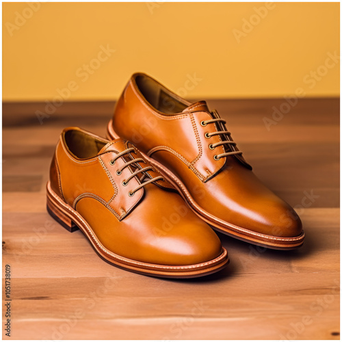 Elegant Brown Leather Men's Dress Shoes on Wooden Floor Photograph, Perfect for Fashion and Retail Use