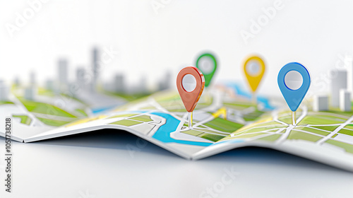 Map with colorful location pins marking points of interest and city map layout for navigation purposes