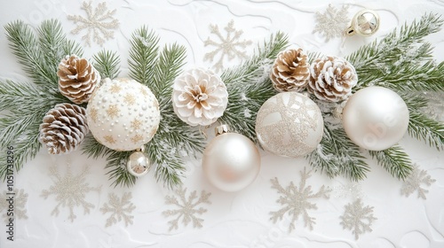 Christmas tree branches and decorations on white background