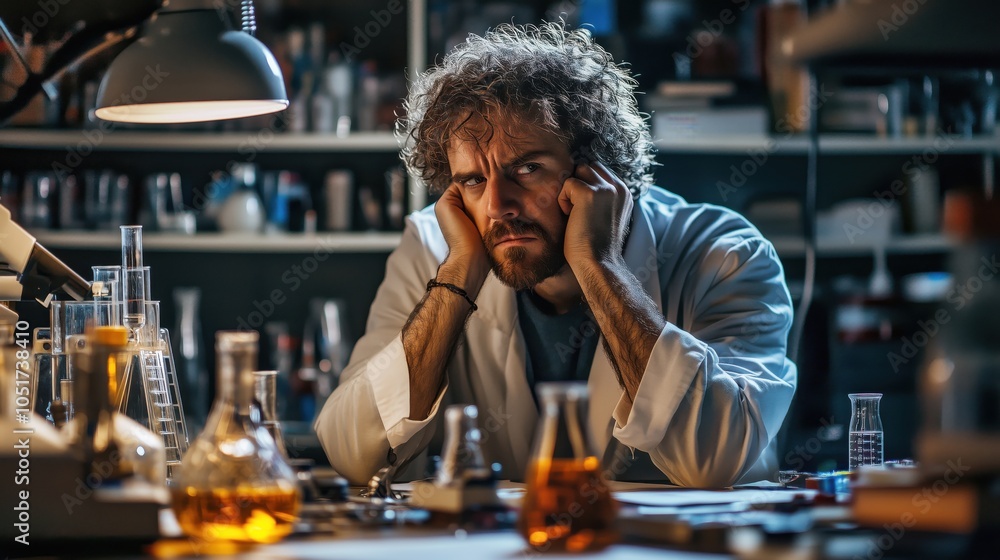 Frustrated scientist in laboratory, surrounded by glassware and chemicals Frustrated scientist in laboratory, surrounded by glassware and chemicals