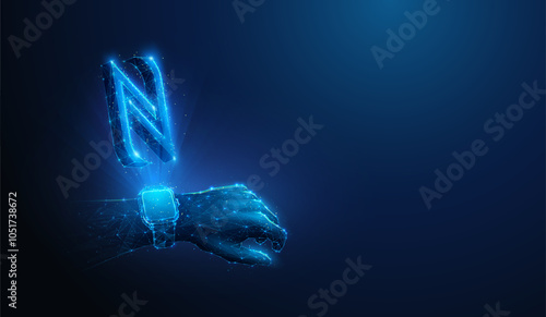 Abstract illustration of low poly NFC technology symbol over smart watches. Blue geometric background depicting contactless payment and near field communication technology concept by wireframe mesh