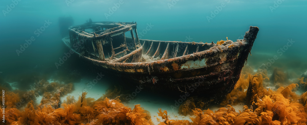 Underwater view of a sunken boat surrounded by vibrant seaweed in a calm ocean environment Underwater view of a sunken boat surrounded by vibrant seaweed in a calm ocean environment