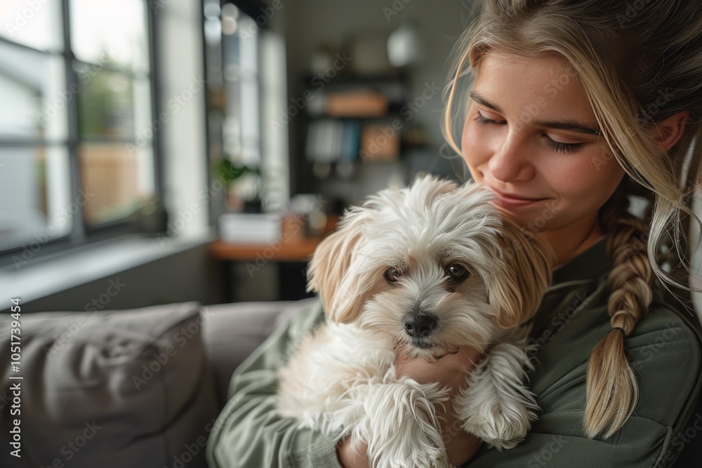woman holding her dog in the living room of loft style home woman holding her dog in the living room of loft style home