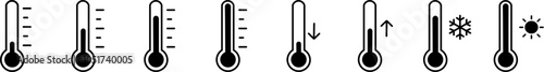 Thermometer with black scale, climate control, weather change, vector flat black icon with sun or snowfall, weather pictogram. Temperature thermometer icon collection on white background