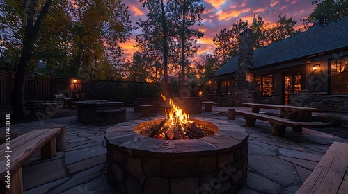 Firepit in the center of a backyard, surrounded by rustic wooden benches, the warm light from the flames casting soft shadows, the sky transitioning to dusk with deep hues, photo