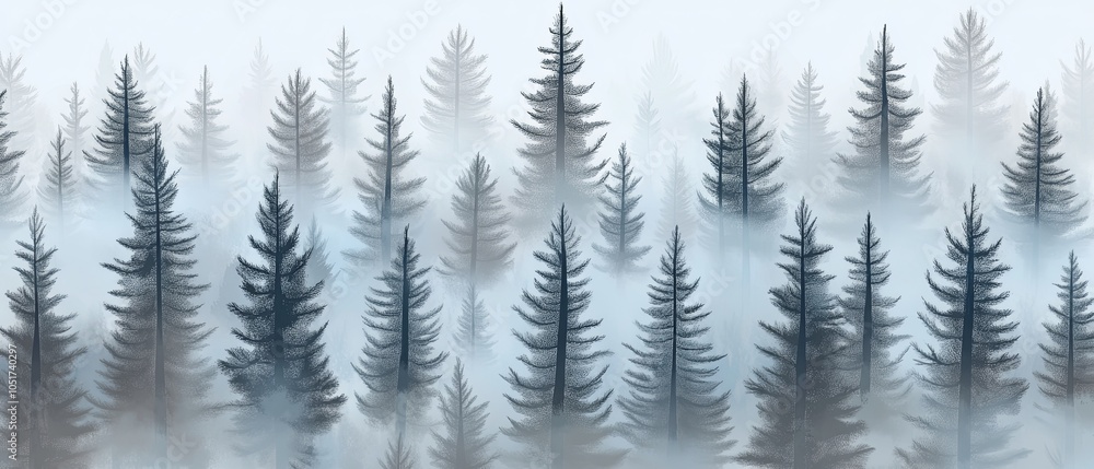 A misty forest with tall pine trees in the background. A misty forest with tall pine trees in the background.