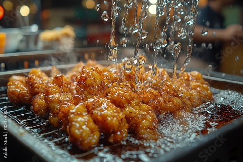 Close-up of Crispy Fried Chicken Pieces Being Sprinkled with Water photo