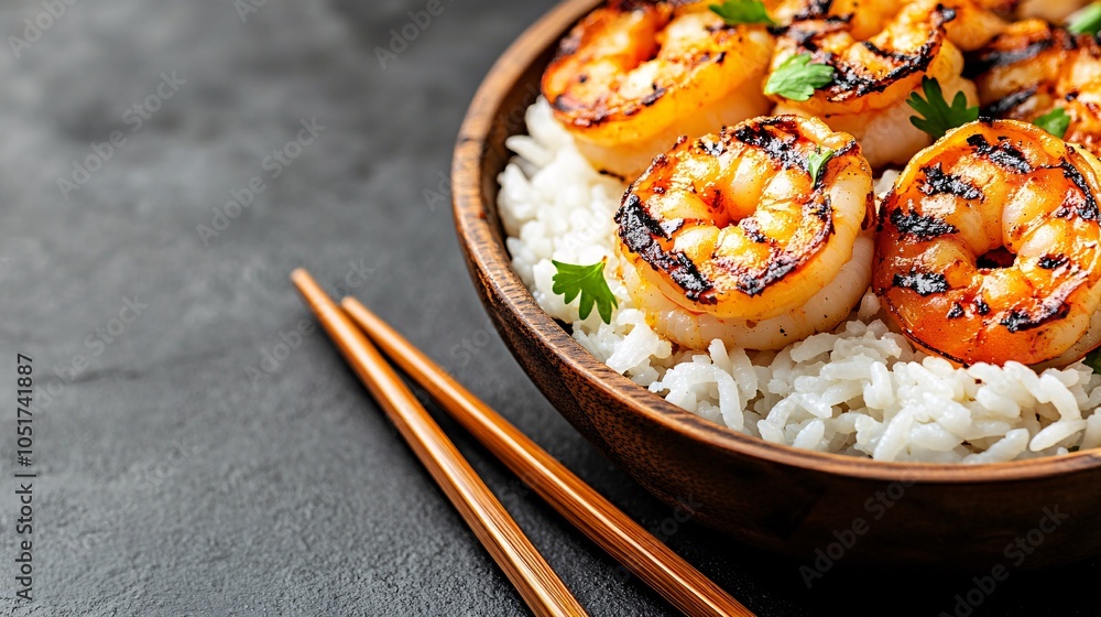 Grilled shrimp with rice in a wooden bowl on a table, chopsticks next to it. Food photography, side view, side angle, dark grey background, Grilled shrimp with rice in a wooden bowl on a table, chopsticks next to it. Food photography, side view, side angle, dark grey background,