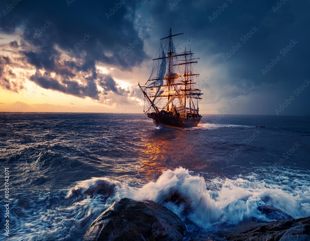 Obraz premium A majestic tall ship with illuminated sails navigates through a stormy sea at dusk, with waves crashing against rocky shores